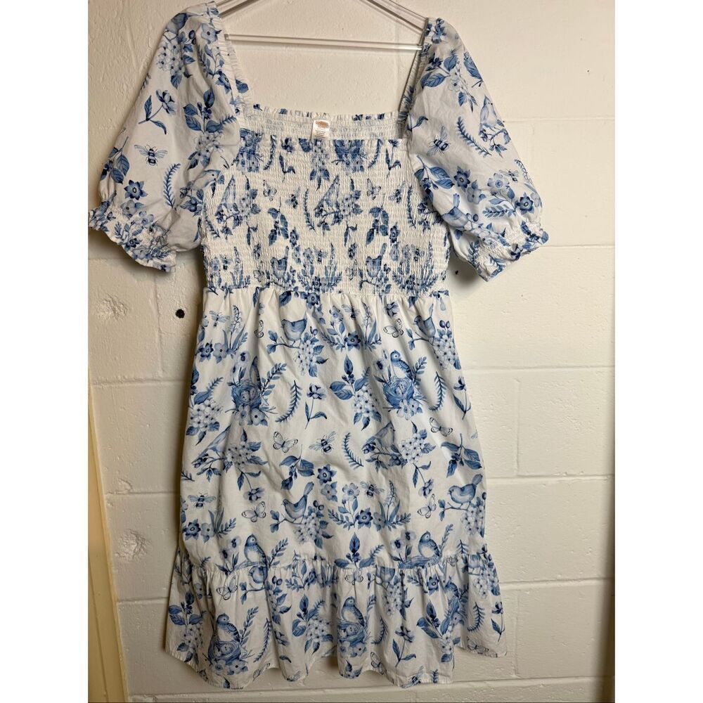 Gymboree Blue White Toile Floral Bird Dress Girls XL 100% Cotton Cottagecore Puf